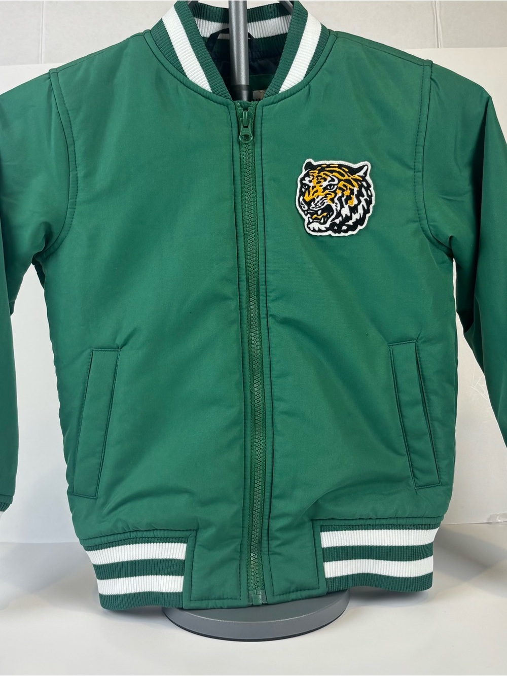 Old Navy Green Varsity Bomber Jacket with Tiger Patch. Small (6-7)